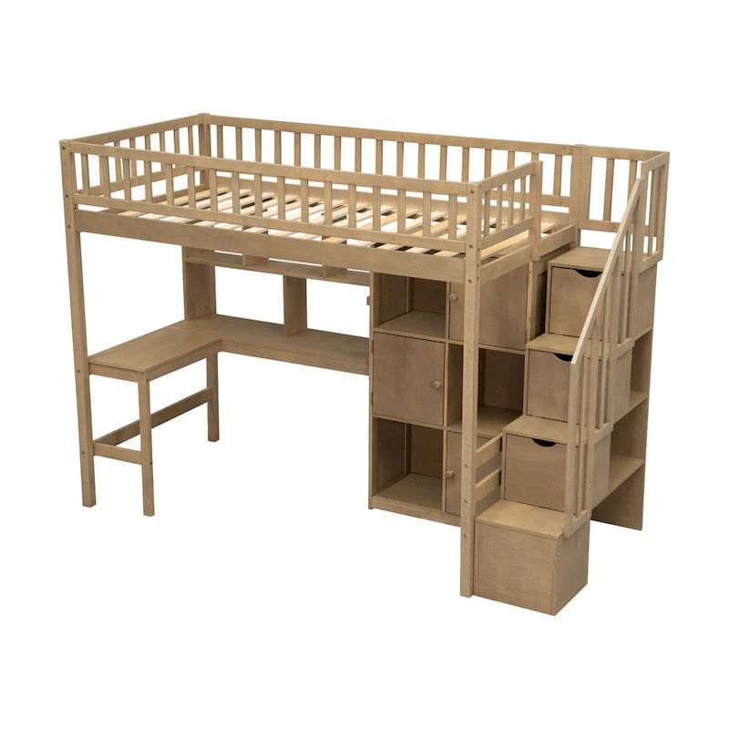 Cama alta individual con escritorio incorporado, luces LED, estantes de almacenamiento, gabinetes y escalera