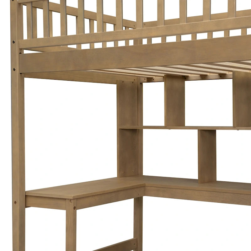 Cama alta individual con escritorio incorporado, luces LED, estantes de almacenamiento, gabinetes y escalera