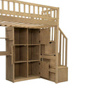 Cama alta individual con escritorio incorporado, luces LED, estantes de almacenamiento, gabinetes y escalera