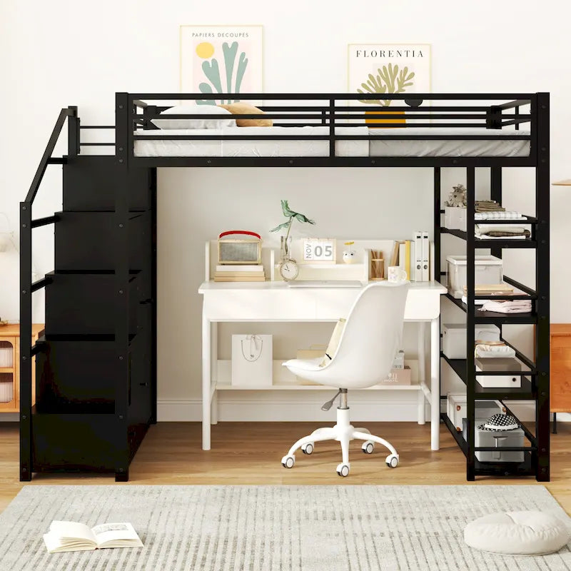 Cama alta de metal de tamaño completo con estantes de almacenamiento, armarios y guardarropa, marco de cama de metal para niños, no necesita somier
