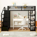 Cama alta de metal de tamaño completo con estantes de almacenamiento, armarios y guardarropa, marco de cama de metal para niños, no necesita somier