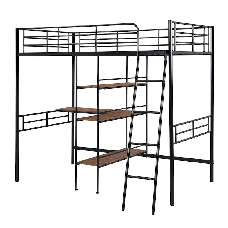 Cama alta individual de metal con escritorio y estantes incorporados, blanca
