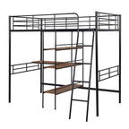 Cama alta individual de metal con escritorio y estantes incorporados, blanca
