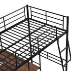 Cama alta individual de metal con escritorio y estantes incorporados, blanca