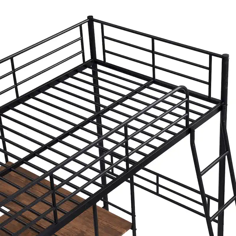 Cama alta individual de metal con escritorio y estantes incorporados, blanca