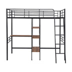 Cama alta individual de metal con escritorio y estantes incorporados, blanca