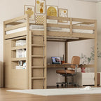 Full Size Wood Loft Bed with Built-in Wardrobe, Desk, Storage Shelves and Drawers, White
