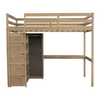 Cama tipo loft de madera de tamaño completo con armario empotrado, escritorio, estantes de almacenamiento y cajones, blanca