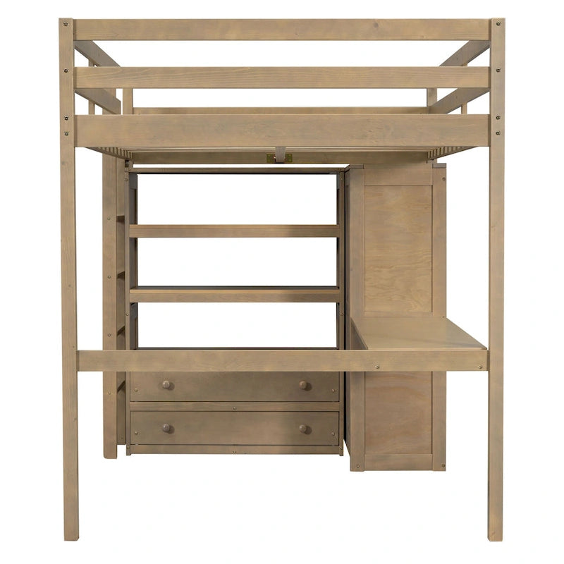 Cama tipo loft de madera de tamaño completo con armario empotrado, escritorio, estantes de almacenamiento y cajones, blanca