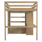 Cama tipo loft de madera de tamaño completo con armario empotrado, escritorio, estantes de almacenamiento y cajones, blanca