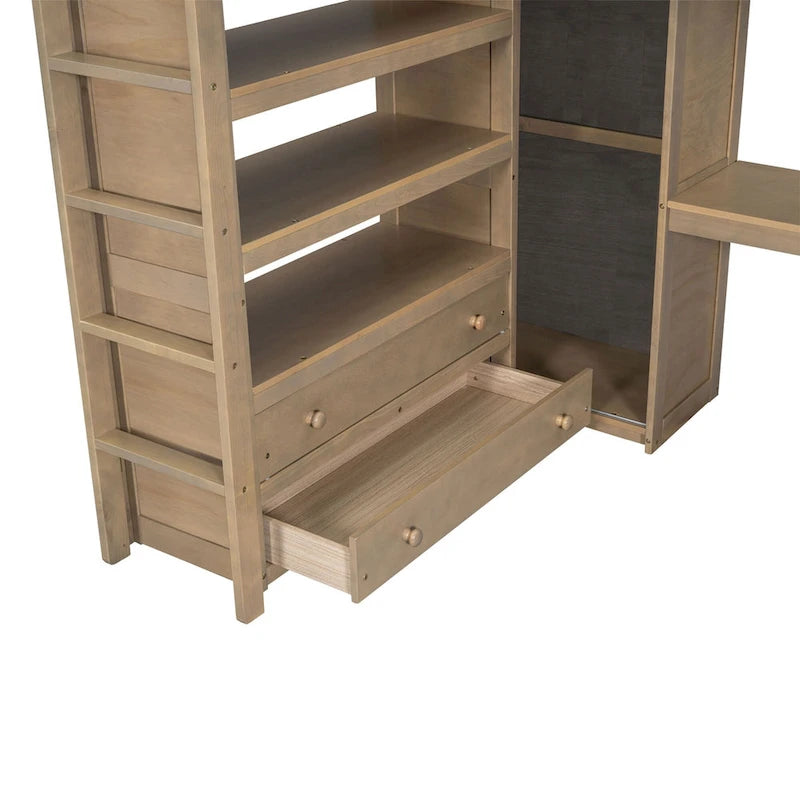Cama tipo loft de madera de tamaño completo con armario empotrado, escritorio, estantes de almacenamiento y cajones, blanca
