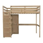 Cama tipo loft de madera de tamaño completo con armario empotrado, escritorio, estantes de almacenamiento y cajones, blanca