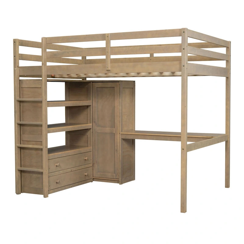 Cama tipo loft de madera de tamaño completo con armario empotrado, escritorio, estantes de almacenamiento y cajones, blanca