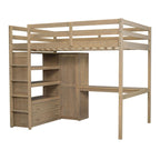 Cama tipo loft de madera de tamaño completo con armario empotrado, escritorio, estantes de almacenamiento y cajones, blanca