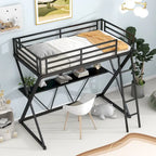 Cama Alta Twin con Escritorio, Escalera y Barandales de Seguridad de Longitud Completa, Estructura de Metal en Forma de X, No Requiere Box Spring para Niños
