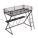 Cama Alta Twin con Escritorio, Escalera y Barandales de Seguridad de Longitud Completa, Estructura de Metal en Forma de X, No Requiere Box Spring para Niños