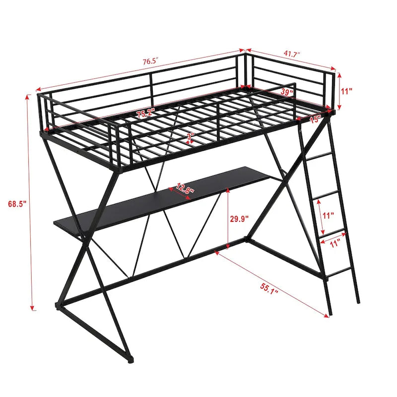 Cama Alta Twin con Escritorio, Escalera y Barandales de Seguridad de Longitud Completa, Estructura de Metal en Forma de X, No Requiere Box Spring para Niños