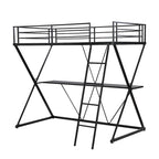 Cama Alta Twin con Escritorio, Escalera y Barandales de Seguridad de Longitud Completa, Estructura de Metal en Forma de X, No Requiere Box Spring para Niños