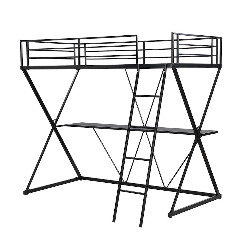Cama Alta Twin con Escritorio, Escalera y Barandales de Seguridad de Longitud Completa, Estructura de Metal en Forma de X, No Requiere Box Spring para Niños