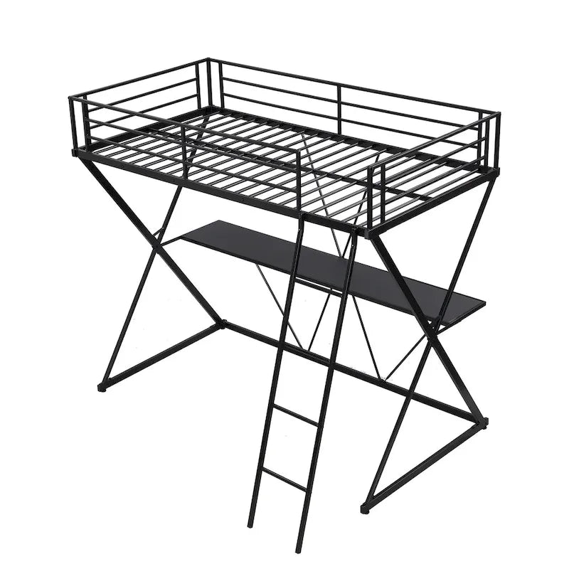Cama Alta Twin con Escritorio, Escalera y Barandales de Seguridad de Longitud Completa, Estructura de Metal en Forma de X, No Requiere Box Spring para Niños