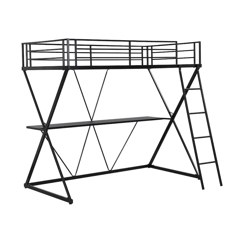 Cama Alta Twin con Escritorio, Escalera y Barandales de Seguridad de Longitud Completa, Estructura de Metal en Forma de X, No Requiere Box Spring para Niños