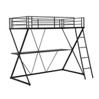 Cama Alta Twin con Escritorio, Escalera y Barandales de Seguridad de Longitud Completa, Estructura de Metal en Forma de X, No Requiere Box Spring para Niños