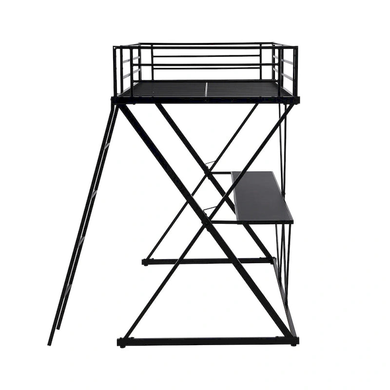 Cama Alta Twin con Escritorio, Escalera y Barandales de Seguridad de Longitud Completa, Estructura de Metal en Forma de X, No Requiere Box Spring para Niños