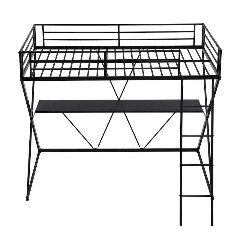 Cama Alta Twin con Escritorio, Escalera y Barandales de Seguridad de Longitud Completa, Estructura de Metal en Forma de X, No Requiere Box Spring para Niños