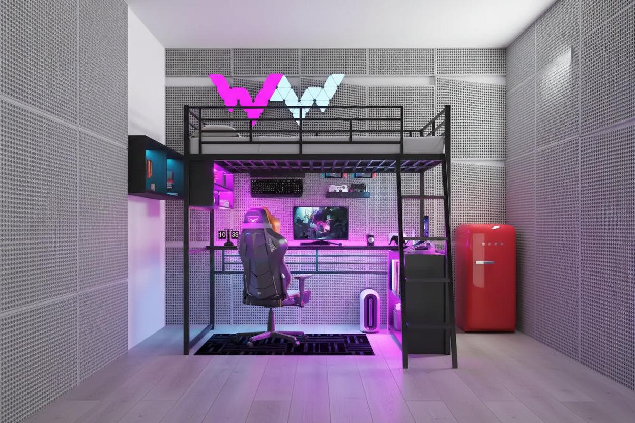 Metal Full Size Loft Bed w/Desk & Stairs, Heavy Duty Loft Bed Frame w/LED Lights, Loft Bed Full Size w/Storage Shelves for Kids