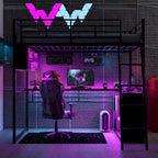 Cama alta metálica de tamaño completo con escritorio y escaleras, estructura de cama alta resistente con luces LED, cama alta de tamaño completo con estantes de almacenamiento para niños