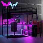 Cama alta metálica de tamaño completo con escritorio y escaleras, estructura de cama alta resistente con luces LED, cama alta de tamaño completo con estantes de almacenamiento para niños