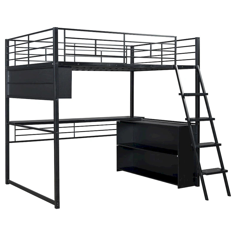 Cama alta metálica de tamaño completo con escritorio y escaleras, estructura de cama alta resistente con luces LED, cama alta de tamaño completo con estantes de almacenamiento para niños