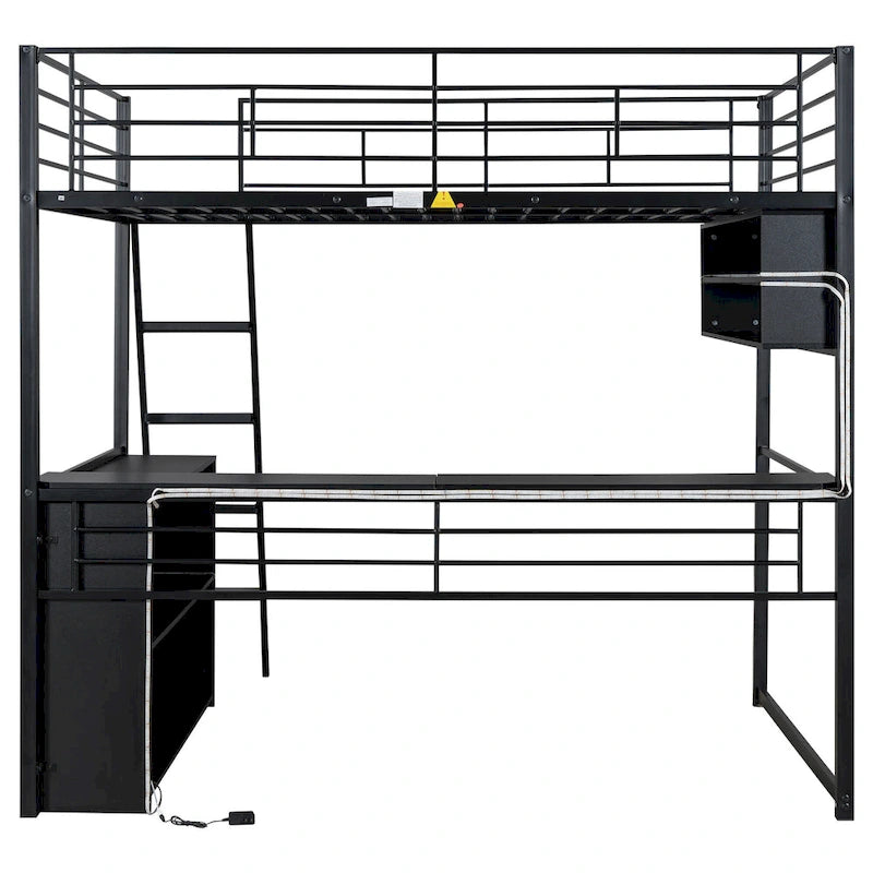 Cama alta metálica de tamaño completo con escritorio y escaleras, estructura de cama alta resistente con luces LED, cama alta de tamaño completo con estantes de almacenamiento para niños
