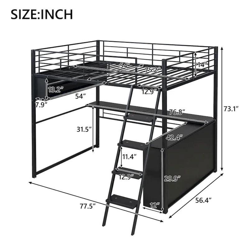 Cama alta metálica de tamaño completo con escritorio y escaleras, estructura de cama alta resistente con luces LED, cama alta de tamaño completo con estantes de almacenamiento para niños