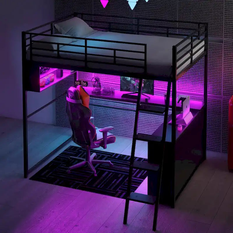 Cama alta metálica de tamaño completo con escritorio y escaleras, estructura de cama alta resistente con luces LED, cama alta de tamaño completo con estantes de almacenamiento para niños