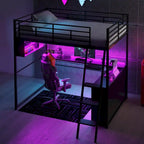 Cama alta metálica de tamaño completo con escritorio y escaleras, estructura de cama alta resistente con luces LED, cama alta de tamaño completo con estantes de almacenamiento para niños