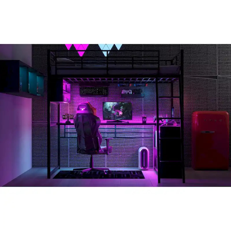 Cama alta metálica de tamaño completo con escritorio y escaleras, estructura de cama alta resistente con luces LED, cama alta de tamaño completo con estantes de almacenamiento para niños