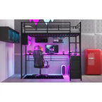 Cama alta metálica de tamaño completo con escritorio y escaleras, estructura de cama alta resistente con luces LED, cama alta de tamaño completo con estantes de almacenamiento para niños