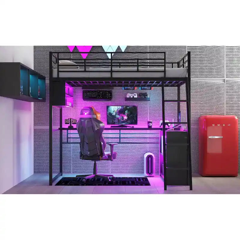 Cama alta metálica de tamaño completo con escritorio y escaleras, estructura de cama alta resistente con luces LED, cama alta de tamaño completo con estantes de almacenamiento para niños