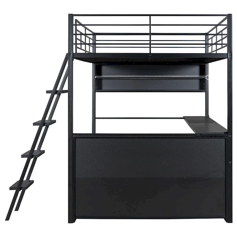 Cama alta metálica de tamaño completo con escritorio y escaleras, estructura de cama alta resistente con luces LED, cama alta de tamaño completo con estantes de almacenamiento para niños
