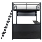 Cama alta metálica de tamaño completo con escritorio y escaleras, estructura de cama alta resistente con luces LED, cama alta de tamaño completo con estantes de almacenamiento para niños