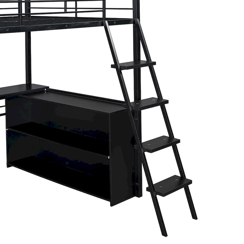 Cama alta metálica de tamaño completo con escritorio y escaleras, estructura de cama alta resistente con luces LED, cama alta de tamaño completo con estantes de almacenamiento para niños