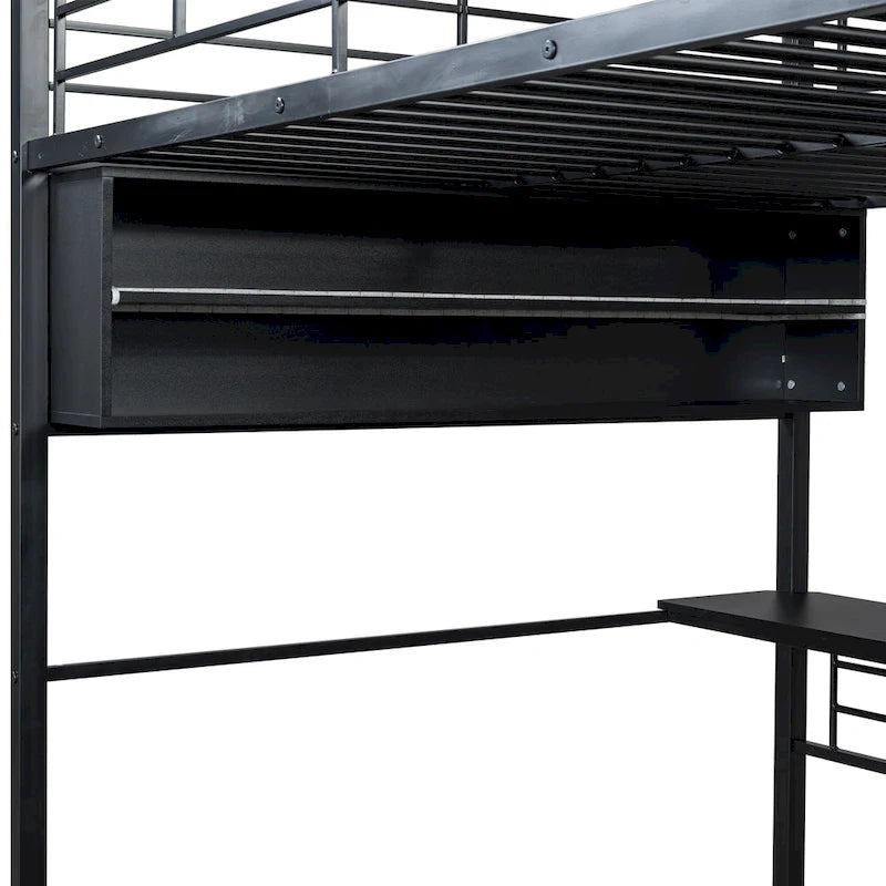 Cama alta metálica de tamaño completo con escritorio y escaleras, estructura de cama alta resistente con luces LED, cama alta de tamaño completo con estantes de almacenamiento para niños