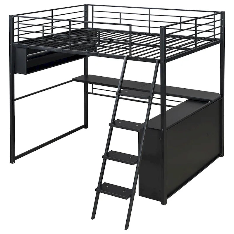 Cama alta metálica de tamaño completo con escritorio y escaleras, estructura de cama alta resistente con luces LED, cama alta de tamaño completo con estantes de almacenamiento para niños