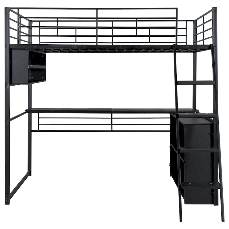 Cama alta metálica de tamaño completo con escritorio y escaleras, estructura de cama alta resistente con luces LED, cama alta de tamaño completo con estantes de almacenamiento para niños