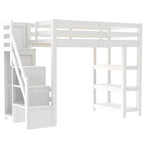 Cama Alta Individual/Matrimonial con Armario Pequeño, Luz LED y Escalera con Almacenamiento, Estructura de Cama Alta de Madera con Estantes de Almacenamiento para Niños