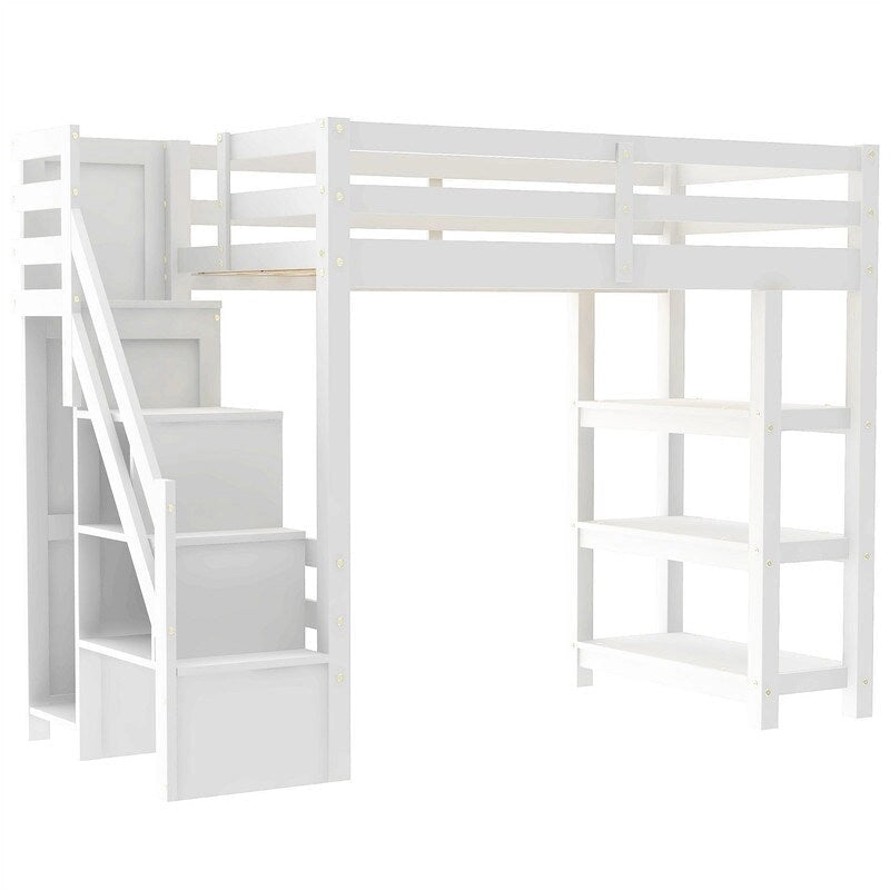 Cama Alta Individual/Matrimonial con Armario Pequeño, Luz LED y Escalera con Almacenamiento, Estructura de Cama Alta de Madera con Estantes de Almacenamiento para Niños
