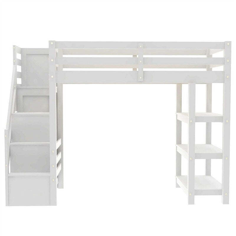 Cama Alta Individual/Matrimonial con Armario Pequeño, Luz LED y Escalera con Almacenamiento, Estructura de Cama Alta de Madera con Estantes de Almacenamiento para Niños