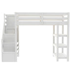 Cama Alta Individual/Matrimonial con Armario Pequeño, Luz LED y Escalera con Almacenamiento, Estructura de Cama Alta de Madera con Estantes de Almacenamiento para Niños