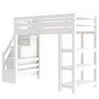 Cama Alta Individual/Matrimonial con Armario Pequeño, Luz LED y Escalera con Almacenamiento, Estructura de Cama Alta de Madera con Estantes de Almacenamiento para Niños